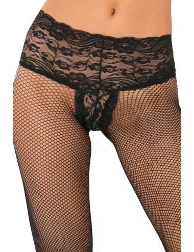 Collant noir résille effet string brésilien dentelle florale et coutures arrières - REN9028-BLK