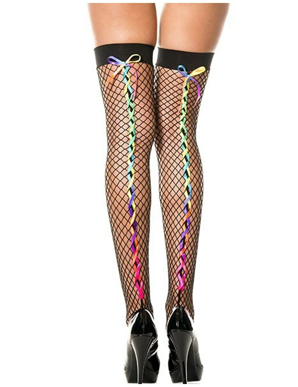 Bas noirs résille filet avec rubans colorés arc en ciel - MH4643BRA Bas noirs résille filet avec rubans colorés arc en ciel - MH4643BRA