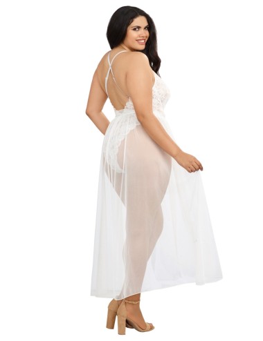 Body string grande taille blanc échancré dentelle avec jupe de maille transparente amovible - DG10996XWHT