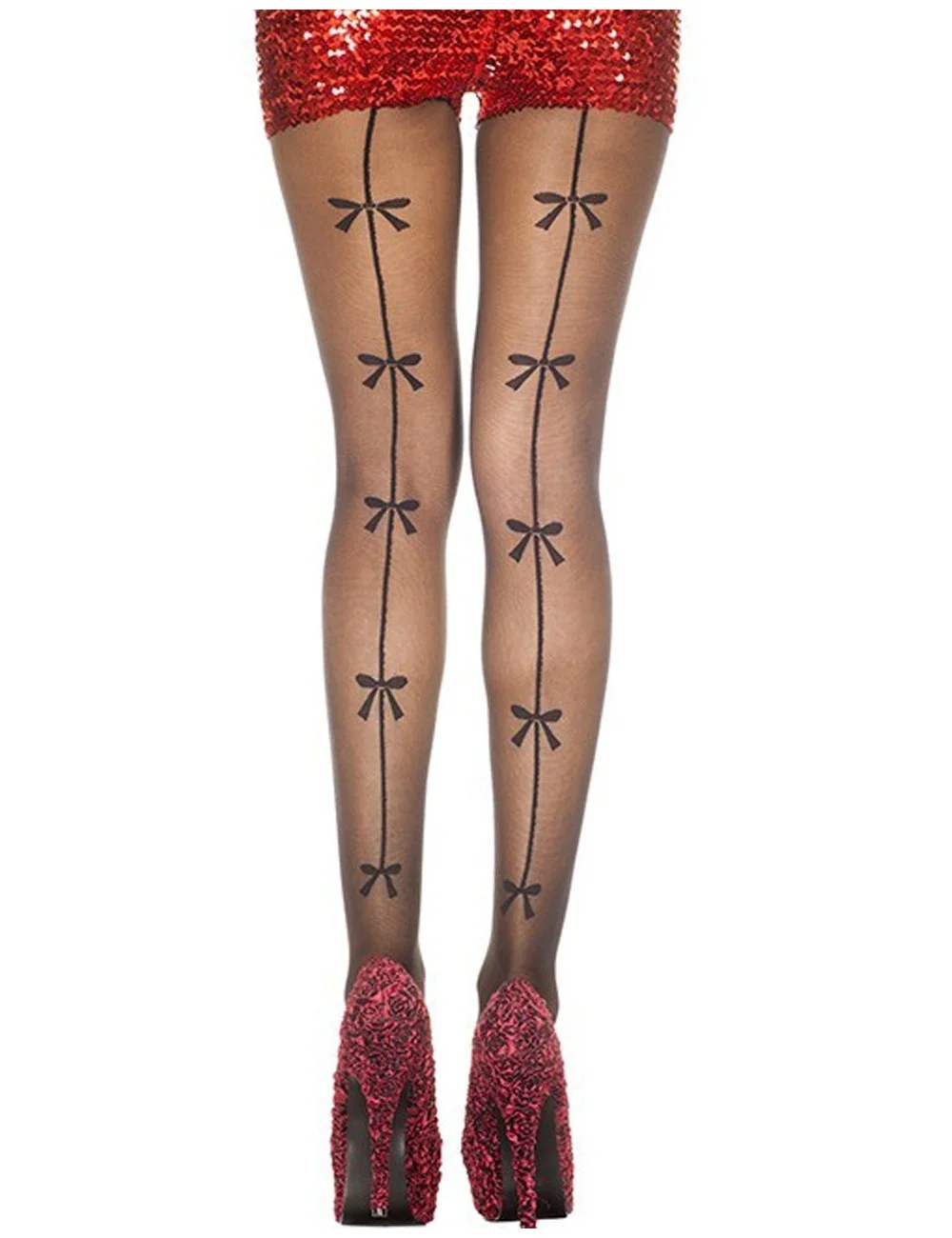 Collant noir fantaisie effet couture et grands noeuds - MH7183BLK Collant noir fantaisie effet couture et grands noeuds - MH7183BLK