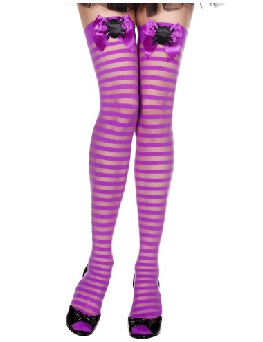 Bas rayés violet avec noeuds satinés et araignées Halloween - MH4253PUB