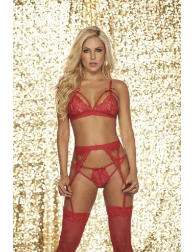Ensemble 3 pièces Soutien-gorge  String  Porte-jarretelle, Rouge - MAL8221RED