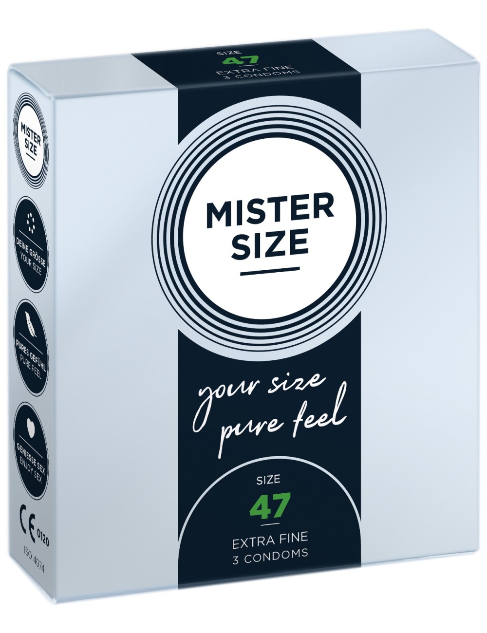 Boite de 3 préservatifs latex avec réservoir, 7 tailles disponibles Mister Size - MS03 Boite de 3 préservatifs latex avec réservoir, 7 tailles disponibles Mister Size - MS03