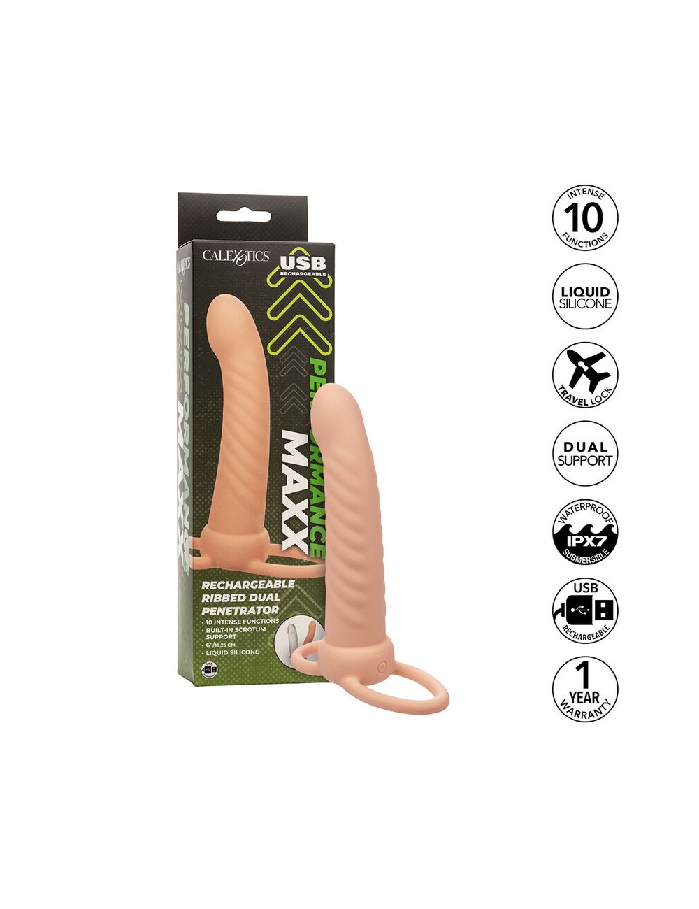 CALEXOTICS - MAXX DOUBLE PÉNÉTRATEUR NERVURÉ 10 VIBRATIONS FLESH