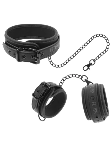 FETISH SUBMISSIVE - COLLIER ET MENOTTES EN CUIR VÉGAN AVEC DOUBLURE EN NOPRÈNE