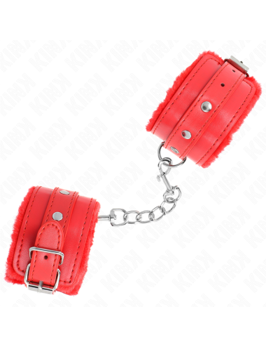 KINK - APPUI-POIGNETS DOUBLÉS DE FOURRURE PREMIUM ROUGE AVEC CEINTURE ROUGE RÉGLABLE 17-29 CM X 6 CM