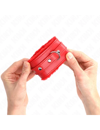 KINK - APPUI-POIGNETS DOUBLÉS DE FOURRURE PREMIUM ROUGE AVEC CEINTURE ROUGE RÉGLABLE 17-29 CM X 6 CM