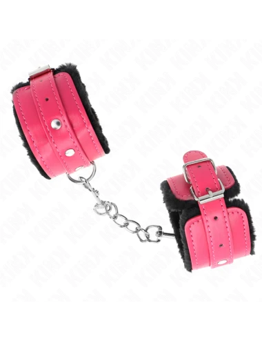 KINK - APPUI-POIGNETS DOUBLÉS DE FOURRURE PREMIUM NOIR AVEC CEINTURE ROSE FRAMBOISE AJUSTABLE 17-29 CM X 6 CM
