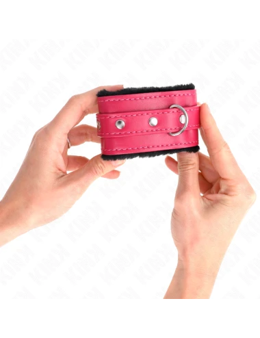 KINK - APPUI-POIGNETS DOUBLÉS DE FOURRURE PREMIUM NOIR AVEC CEINTURE ROSE FRAMBOISE AJUSTABLE 17-29 CM X 6 CM