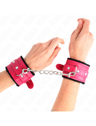 KINK - APPUI-POIGNETS DOUBLÉS DE FOURRURE PREMIUM NOIR AVEC CEINTURE ROSE FRAMBOISE AJUSTABLE 17-29 CM X 6 CM