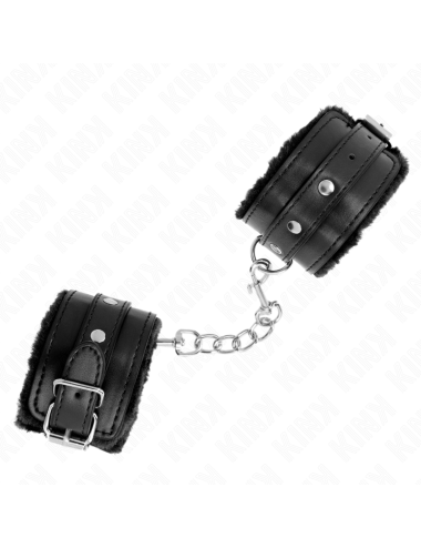 KINK - APPUI-POIGNETS DOUBLÉS DE FOURRURE PREMIUM NOIR AVEC CEINTURE NOIRE RÉGLABLE 17-29 CM X 6 CM