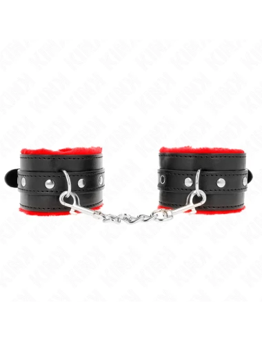 KINK - APPUI-POIGNETS DOUBLÉS DE FOURRURE PREMIUM ROUGE AVEC CEINTURE NOIRE RÉGLABLE 17-29 CM X 6 CM