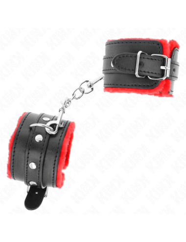KINK - APPUI-POIGNETS DOUBLÉS DE FOURRURE PREMIUM ROUGE AVEC CEINTURE NOIRE RÉGLABLE 17-29 CM X 6 CM