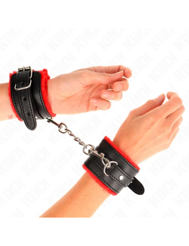KINK - APPUI-POIGNETS DOUBLÉS DE FOURRURE PREMIUM ROUGE AVEC CEINTURE NOIRE RÉGLABLE 17-29 CM X 6 CM