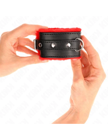 KINK - APPUI-POIGNETS DOUBLÉS DE FOURRURE PREMIUM ROUGE AVEC CEINTURE NOIRE RÉGLABLE 17-29 CM X 6 CM