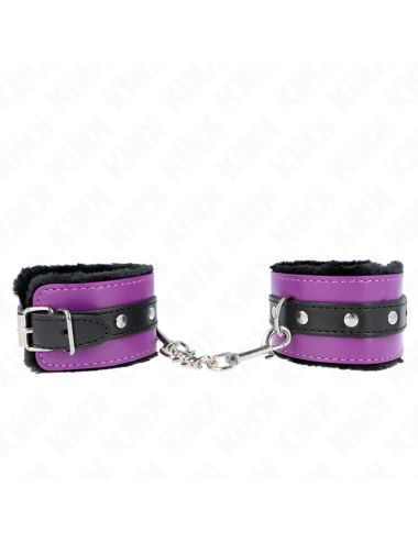 KINK - APPUI-POIGNETS DOUBLÉS DE FOURRURE PREMIUM NOIR AVEC CEINTURE VIOLET / NOIRE RÉGLABLE 17-29 CM X 6 CM