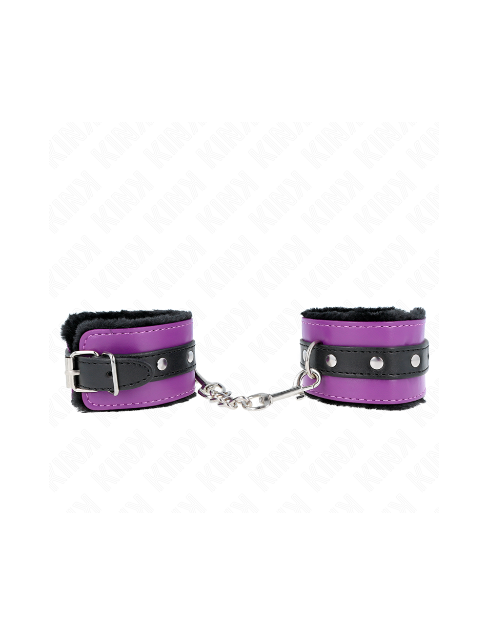 KINK - APPUI-POIGNETS DOUBLÉS DE FOURRURE PREMIUM NOIR AVEC CEINTURE VIOLET / NOIRE RÉGLABLE 17-29 CM X 6 CM