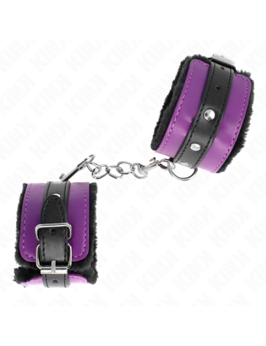KINK - APPUI-POIGNETS DOUBLÉS DE FOURRURE PREMIUM NOIR AVEC CEINTURE VIOLET / NOIRE RÉGLABLE 17-29 CM X 6 CM