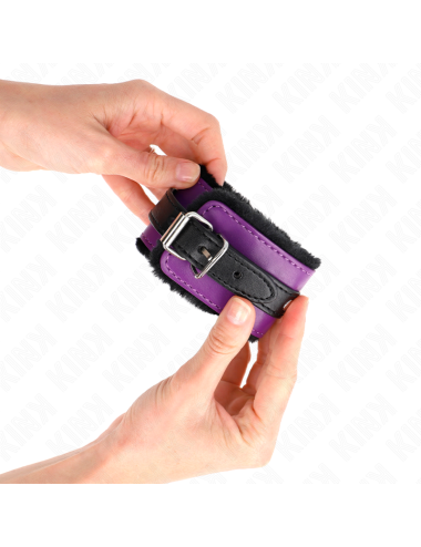KINK - APPUI-POIGNETS DOUBLÉS DE FOURRURE PREMIUM NOIR AVEC CEINTURE VIOLET / NOIRE RÉGLABLE 17-29 CM X 6 CM