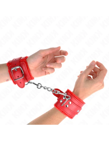 KINK - APPUI-POIGNETS DOUBLÉS DE FOURRURE ROUGE AVEC CEINTURE ROUGE RÉGLABLE 17-29 CM X 6 CM