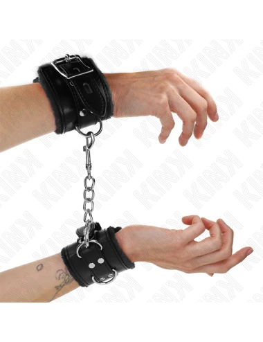 KINK - APPUI-POIGNETS DOUBLÉS DE FOURRURE NOIR AVEC CEINTURE NOIRE RÉGLABLE 17-29 CM X 6 CM