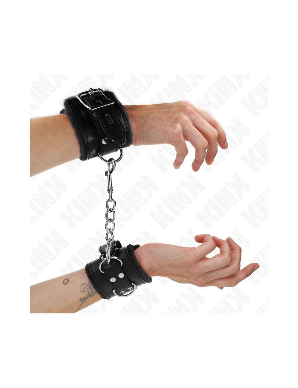 KINK - APPUI-POIGNETS DOUBLÉS DE FOURRURE NOIR AVEC CEINTURE NOIRE RÉGLABLE 17-29 CM X 6 CM