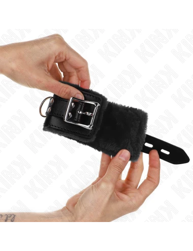 KINK - APPUI-POIGNETS DOUBLÉS DE FOURRURE NOIR AVEC CEINTURE NOIRE RÉGLABLE 17-29 CM X 6 CM