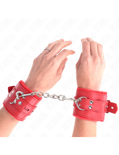 KINK - APPUI-POIGNETS DOUBLÉS DE FOURRURE AVEC TROUS CARRÉS ROUGE ET CEINTURE ROUGE RÉGLABLE 17-29 CM X 6 CM