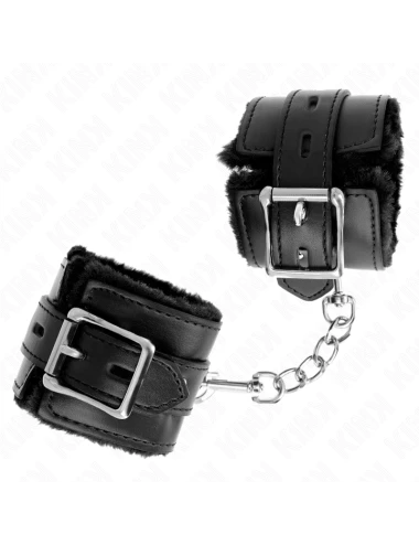 KINK - APPUI-POIGNETS DOUBLÉS DE FOURRURE AVEC TROUS CARRÉS NOIR ET CEINTURE NOIRE RÉGLABLE 17-29 CM X 6 CM