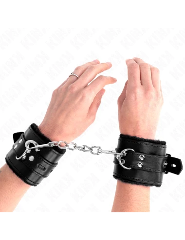 KINK - APPUI-POIGNETS DOUBLÉS DE FOURRURE AVEC TROUS CARRÉS NOIR ET CEINTURE NOIRE RÉGLABLE 17-29 CM X 6 CM