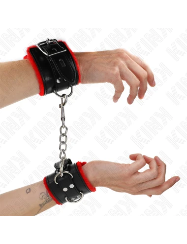 KINK - APPUI-POIGNETS DOUBLÉS DE FOURRURE AVEC TROUS CARRÉS CEINTURE ROUGE ET NOIRE RÉGLABLE 17-29 CM X 6 CM