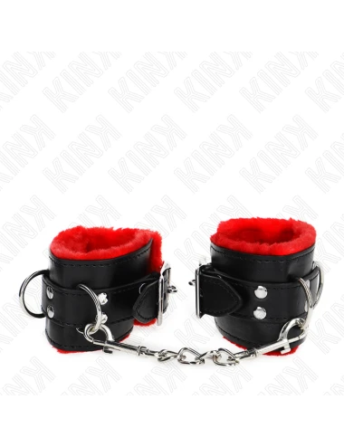 KINK - APPUI-POIGNETS DOUBLÉS DE FOURRURE AVEC TROUS CARRÉS CEINTURE ROUGE ET NOIRE RÉGLABLE 17-29 CM X 6 CM