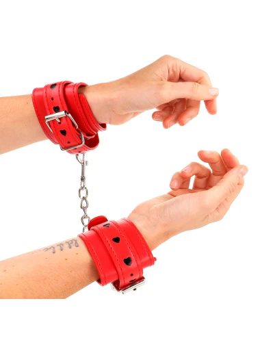 KINK - APPAREILS-POIGNETS ROUGES AVEC INCRUSTATION COEUR NOIR RÉGLABLE 21-28 CM X 5