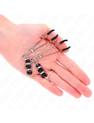KINK - PINCES À TETON FINES OR AVEC 3 BILLES DE VERRE NOIR 7 CM