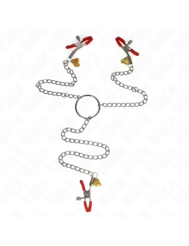KINK - PINCES À TAMELON ET CLITO BELL TRIPLE ROUGE AVEC CHAINE 30 CM