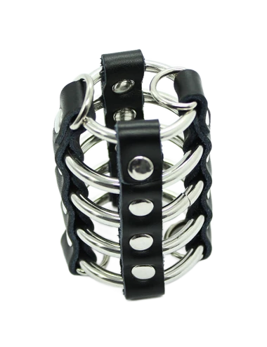 OHMAMA FETISH - CAGE  PÉNIS AVEC ANNEAUX MÉTALLIQUES ET SANGLE EN CUIR