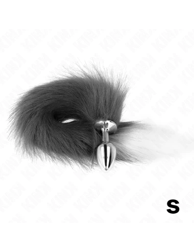 KINK - PLUG ANAL TAILLE S 7 X 3 CM AVEC QUEUE SYNTHÉTIQUE 40 CM GRIS ET BLANC