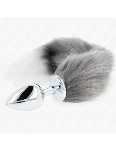 KINK - PLUG ANAL TAILLE L 10 X 4 CM AVEC QUEUE SYNTHÉTIQUE 40 CM GRIS ET BLANC