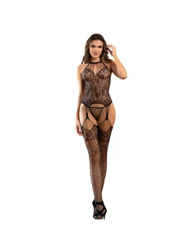 SUBBLIME - 952136 BODYSTOCKING EN RÉSILLE SANS FOURCHE AVEC DÉTAILS FLORAUX ET COL LIEN NOIR TAILLE UNIQUE