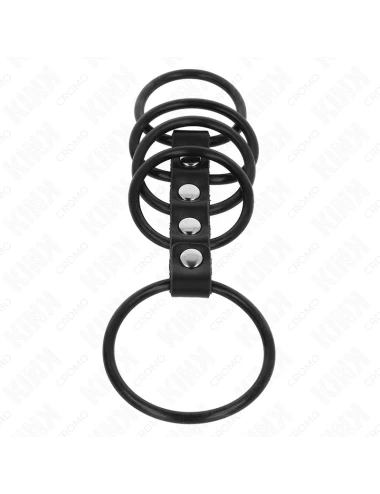KINK - 5 ANNEAUX PÉNIS EN SILICONE DE 3,8 CM À 4,8 CM CONNECTÉS PAR DU CUIR
