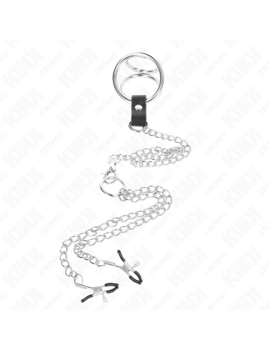KINK - ANNEAU PÉNIS EN MÉTAL TRIPLE CHROME 3,8 CM À 5 CM AVEC CHAÎNE EN MÉTAL DE 26 CM ET PINCES À TÉTONS MODÈLE 1