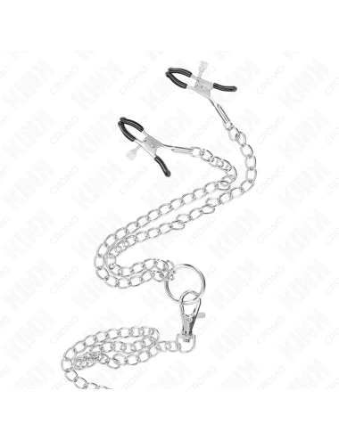 KINK - ANNEAU PÉNIS EN MÉTAL TRIPLE CHROME 3,8 CM À 5 CM AVEC CHAÎNE EN MÉTAL DE 26 CM ET PINCES À TÉTONS MODÈLE 1