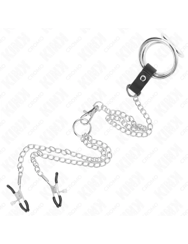 KINK - ANNEAU PÉNIS EN MÉTAL TRIPLE CHROME 3,8 CM À 5 CM AVEC CHAÎNE EN MÉTAL DE 26 CM ET PINCES À TÉTONS MODÈLE 1