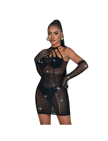 SUBBLIME - 952235 BODYSTOCKING RESILLE AVEC STRASS ET GANTS NOIRS TAILLE UNIQUE