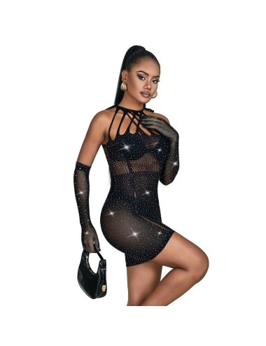 SUBBLIME - 952235 BODYSTOCKING RESILLE AVEC STRASS ET GANTS NOIRS TAILLE UNIQUE