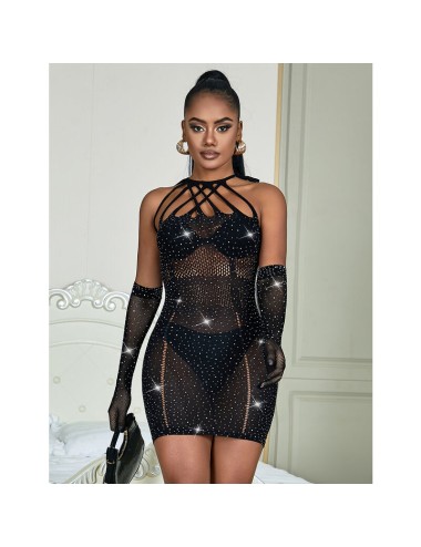 SUBBLIME - 952235 BODYSTOCKING RESILLE AVEC STRASS ET GANTS NOIRS TAILLE UNIQUE