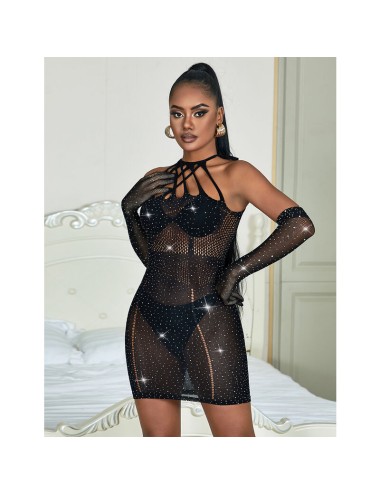 SUBBLIME - 952235 BODYSTOCKING RESILLE AVEC STRASS ET GANTS NOIRS TAILLE UNIQUE