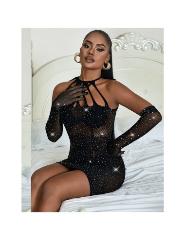 SUBBLIME - 952235 BODYSTOCKING RESILLE AVEC STRASS ET GANTS NOIRS TAILLE UNIQUE
