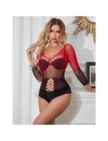 SUBBLIME - 952259 BODYSTOCKING RÉSILLE ÉLASTIQUE  MANCHES LONGUES DÉGRADÉ ROUGE ET NOIR TAILLE UNIQUE