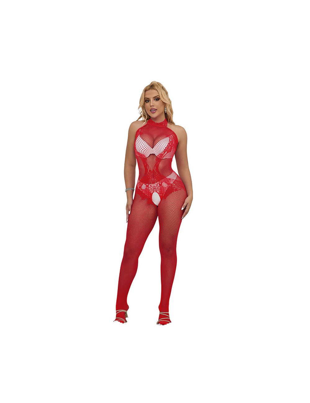 SUBBLIME - 952372 BODYSTOCKING RÉSILLE ET DENTELLE SANS FOURRURE COL MONTANT ROUGE TAILLE UNIQUE